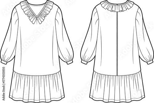 Technical fashion sketch of ruffled dress with V-neckline, puff sleeves, gathered skirt, back seam, and front-back garment construction views