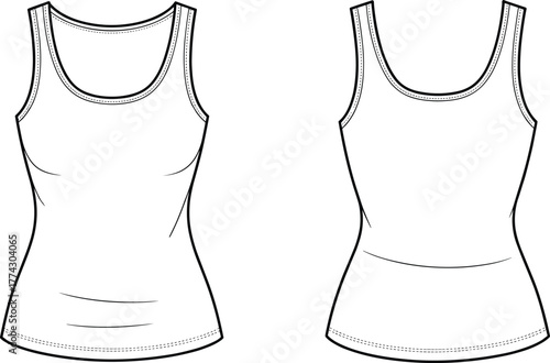 Technical fashion sketch of sleeveless scoop-neck tank top with contour seams and tailored fit, front and back view garment template