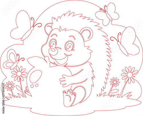 Red Outline Cartoon Hedgehog Hugging Apple Among Butterflies and Flowers Coloring Page for Kids