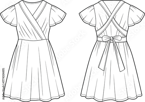 Technical fashion sketch of wrap dress with flutter sleeves, V-neckline, flared skirt, sash tie back, and front-back garment views
