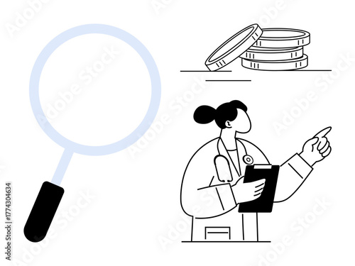 Magnifying glass, stacked coins, doctor with clipboard pointing forward. Ideal for healthcare, analysis, financial planning, research, medical expenses investigation cost evaluation. Minimalist