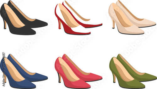 Vector illustration of six pairs of stiletto high heels in assorted colors—black, red, beige, blue, pink, and green