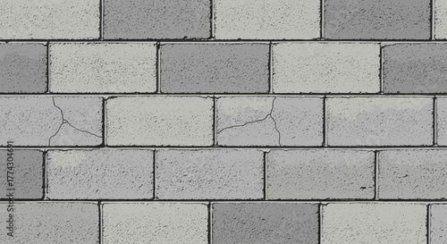 Close up textured gray and white brick wall background with cracks and rough surface detailing