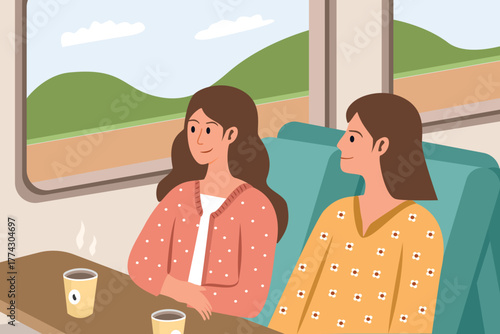 Two Women Enjoying a Scenic Train Journey. Scenic Train Trip. Female Travelers Relaxing on a Scenic Train