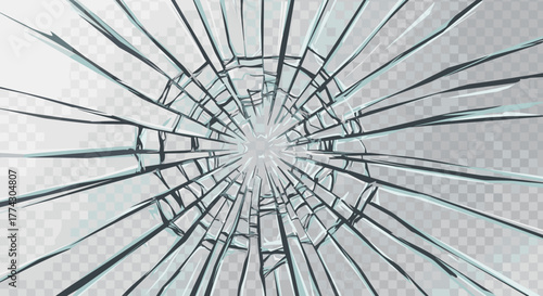 Close up of shattered glass with radiating cracks from impact isolated on transparent background