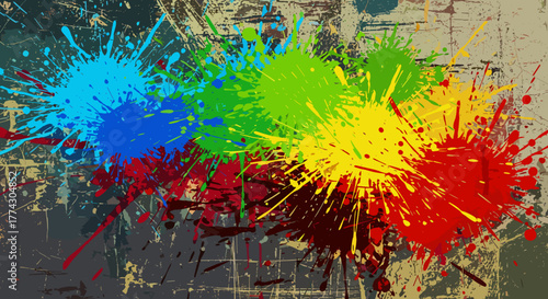 Abstract vibrant paint splatters across distressed textured background lively chaotic art splash design