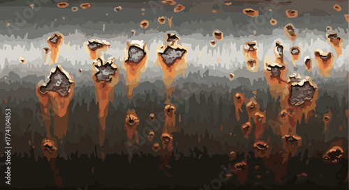 Close up macro view of heavily rusted metal pipe with dripping corrosion and decay showing texture and grunge background