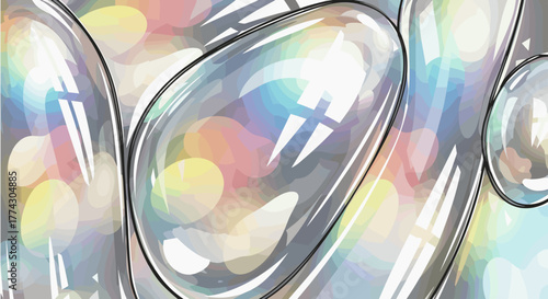 Abstract Shiny Liquid Droplets with Colorful Bokeh Background and Reflected Lights on a Clean White Surface