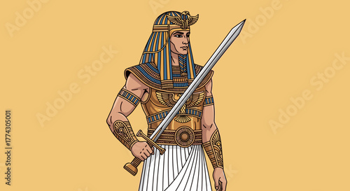Ancient Egyptian Warrior Pharaoh Holding a Sword Standing Proudly in Royal Armor and Headdress