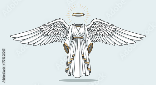 Cartoon Style Illustration Of A White Angelic Figure With Spread Wings Halo And Detailed Robes Floating In Air Isolated On A Light Blue Background