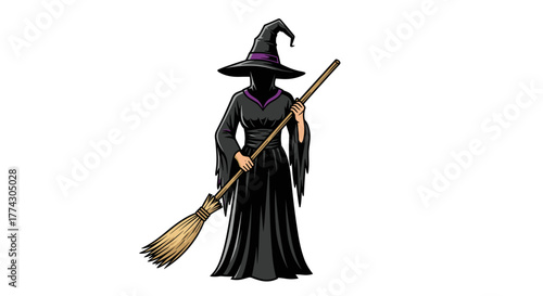 Spooky Black Witch in Costume Holding Broomstick Isolated on White Background
