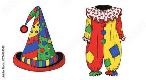 Colorful Clown Costume and Hat Isolated on White Background for Festive Events