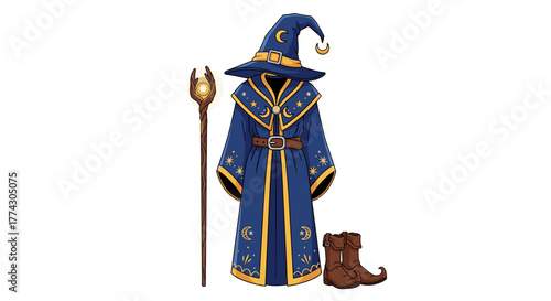Magician Wizard Costume Robe Hat Staff Boot Magic Fantasy Character Outfit Isolated
