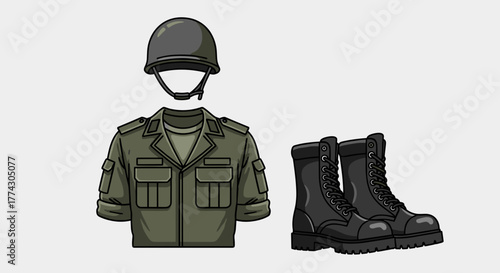 Military Uniform and Combat Boots Cartoon Style Isolated on White Background for Army and Security Themes