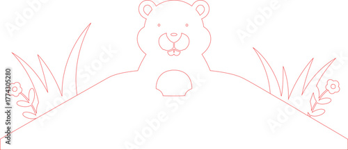 Red Outline of a Beaver Emerging from a Hill with Grass and Flowers Illustration