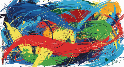 Abstract expressionist artwork with vibrant colors and dynamic brushstrokes depicting a fluid energetic movement isolated on white background