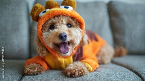 A small, brown dog wearing an orange and yellow costume with a tiger design, sitting on a gray couch with its tongue out.