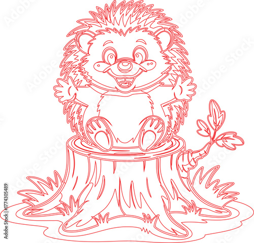 Red Outline of Happy Hedgehog Sitting on Tree Stump with Outstretched Arms Illustration