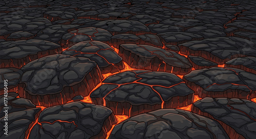 Cracked Earth Surface With Glowing Lava Beneath Intense Heat And Volcanic Activity Landscape