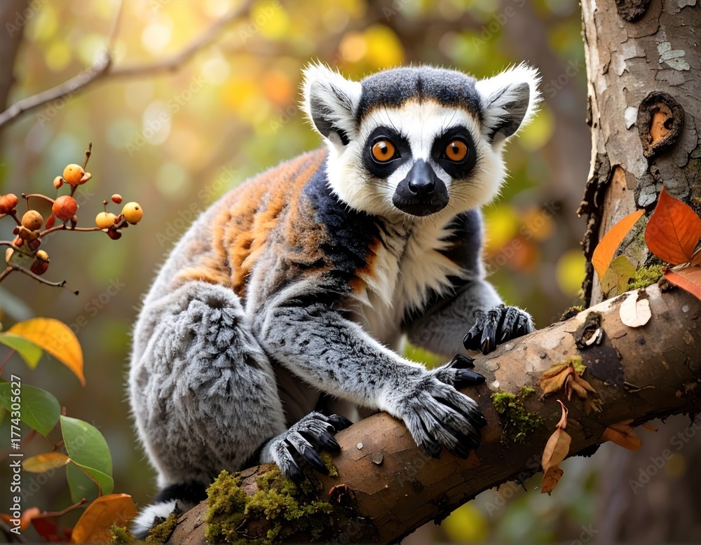 Obraz premium Primates species perched gracefully on a tree branch, observing attentively