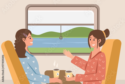Friends Enjoying Coffee and Conversation on a Train Journey. Relaxing Train Journey with friends. Cartoon people on the train