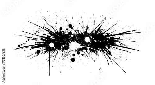 Explosion of Black Ink Splatters and Drops Isolated on a Clean White Background