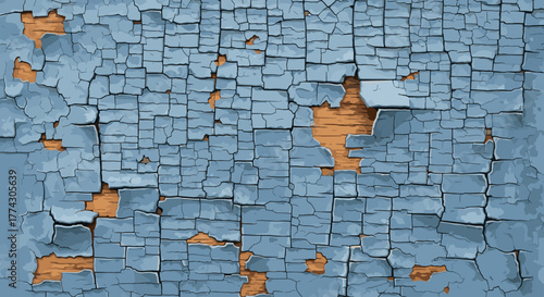 Close up textured background of peeling blue paint on weathered wooden surface showing grain and age
