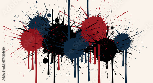 Abstract Splattered Paint Drips and Blobs in Red Blue and Black Isolated on White Background