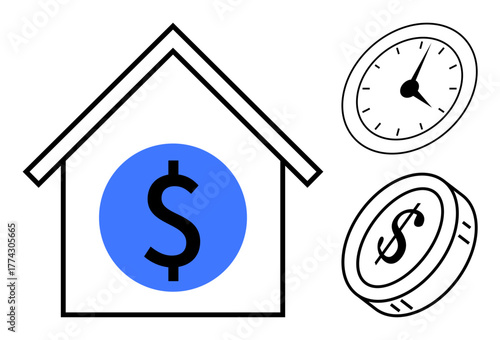 House with dollar sign, round coin, and clock suggesting financial planning, time value of money, real estate, loans, saving, budgeting and investment. Ideal for finance economy and time-related