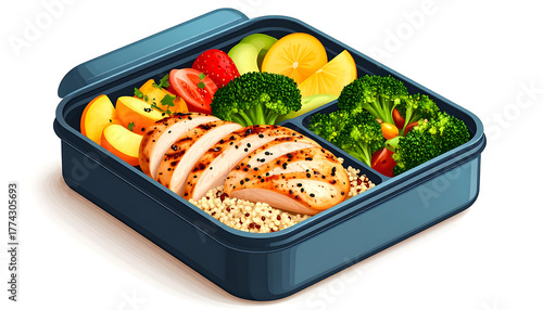 A sleek black lunchbox featuring grilled chicken with sesame seeds, quinoa, and a vibrant mix of fruits and vegetables.
