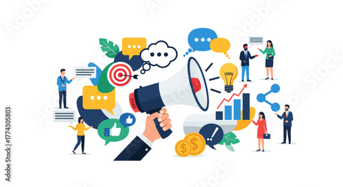 Marketing Strategy Launch Announcing New Product Ideas Driving Business Growth and Customer Engagement on White Background