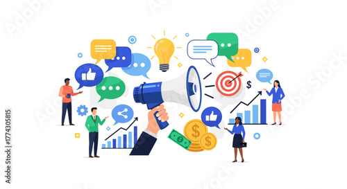 Digital Marketing Campaign Strategy with Megaphone and Social Media Icons Isolated on White Background