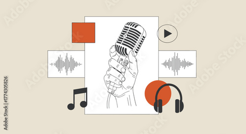 Vintage microphone illustration representing audio recording podcasting and broadcasting themes with sound waves and musical notes