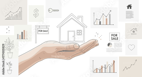 Real Estate Investment Growth Concept Showing Hand Holding House and Financial Charts Isolated on White Background