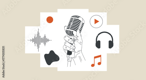 Vintage Microphone with Music Icons and Sound Wave Illustration on White Background