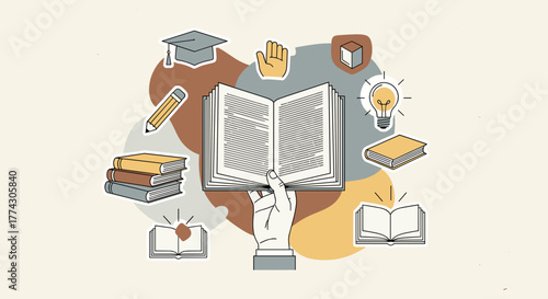 Open book held by hand with education and knowledge icons symbolizing learning and ideas