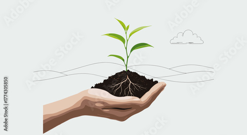 Hand holding a young plant growing from soil representing new beginnings and nurturing growth on a white background illustration