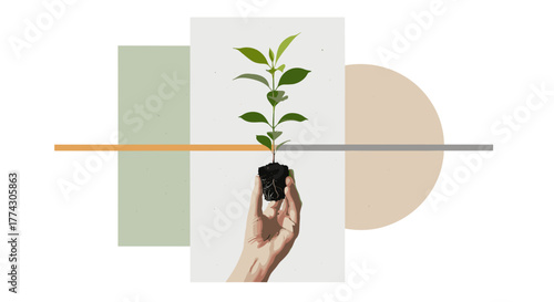 Close up hand holding young plant sprout in soil against abstract geometric background with copy space