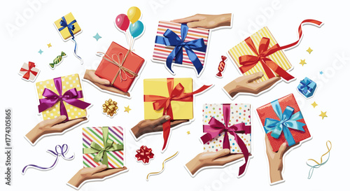 Hands holding colorful gift boxes with ribbons and bows surprise celebration holiday present
