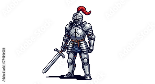 Medieval Knight in Full Armor Holding Sword Ready for Battle Cartoon Style Illustration