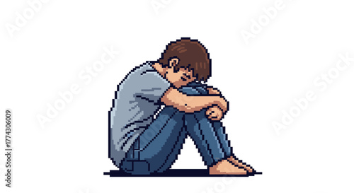 Sad Young Boy Crouching and Hiding Face Isolated on White Background Pixel Art