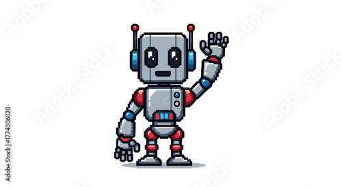 Pixel Art Robot Waving Hello Cartoon Style Isolated on White Background for Technology Concepts