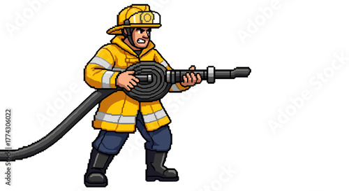 Determined Firefighter in Uniform Holding Hose Ready to Extinguish Fire Cartoon Style Isolated on White Background