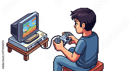 Young Boy Playing Retro Video Game on Old Console with Pixelated Screen Cartoon Style Illustration Isolated on White Background