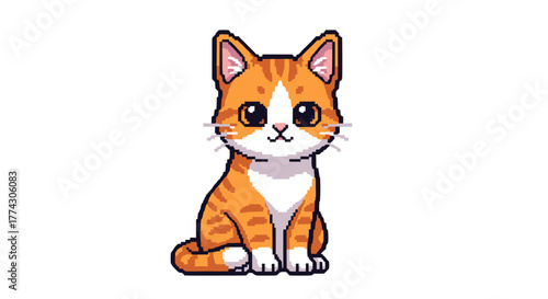Cute Orange Tabby Kitten Sitting Pixel Art Illustration Isolated on White Background