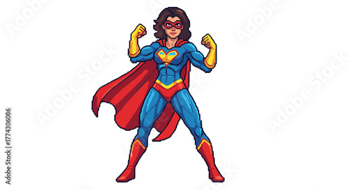 Cartoon Style Superhero Woman Flexing Muscles Confidently Isolated on White Background Concept Art