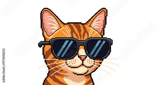 Cool Ginger Tabby Cat Wearing Sunglasses Isolated on White Background Cartoon Style