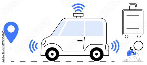 Self-driving car emitting signal waves, GPS location marker, luggage icon, and person managing delivery. Ideal for transportation, logistics, AI, technology, navigation mobility futuristic