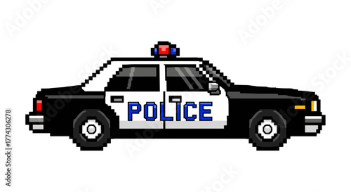 Pixel Art Police Car Cartoon Style Illustration Isolated on Transparent Background Vehicle