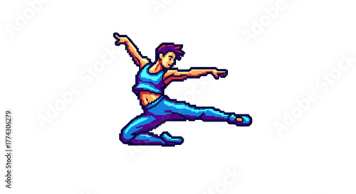 Athletic Man Dancer Performing Dynamic Leap Isolated on White Background Cartoon Style Pixel Art
